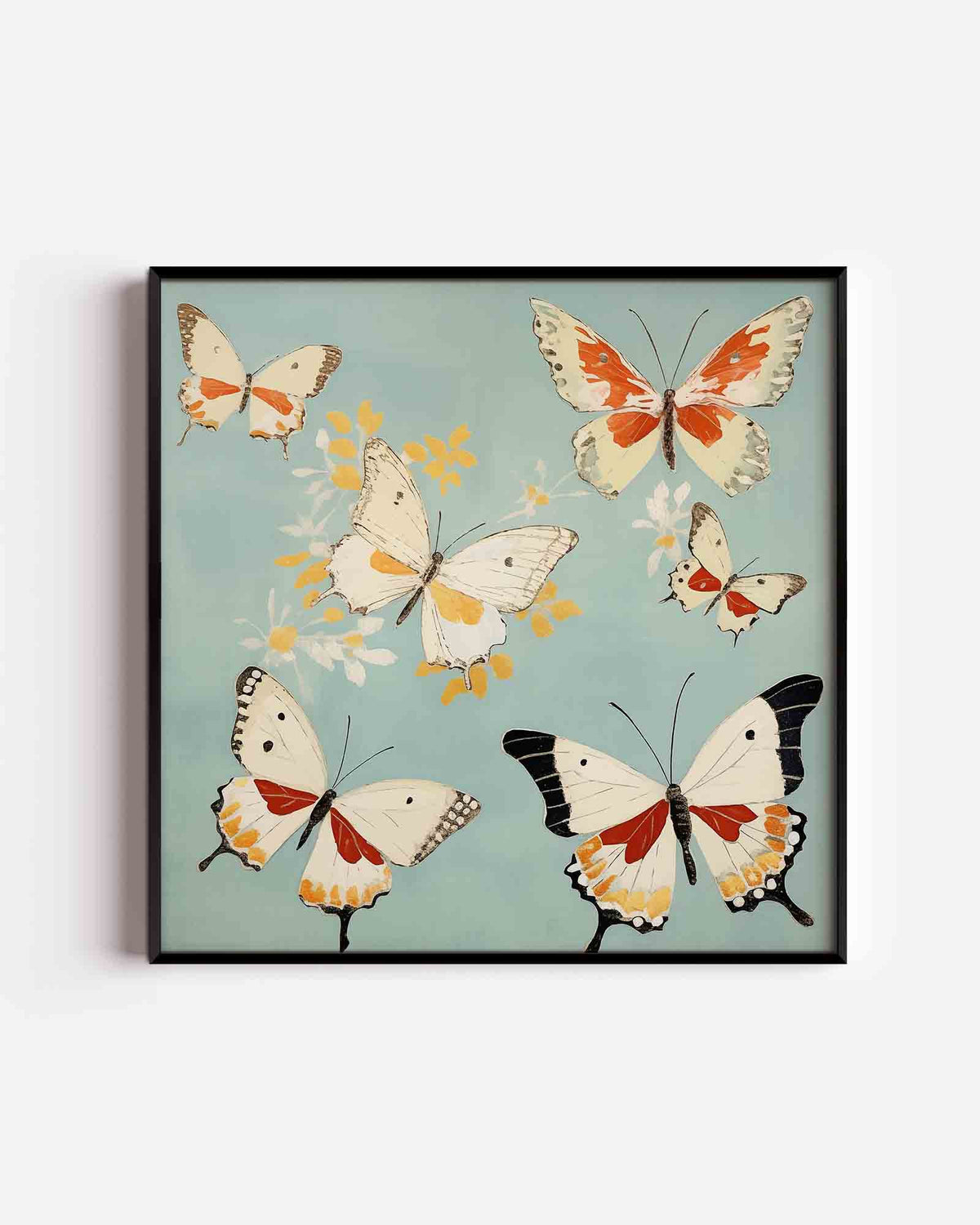 Vlinders op blauwe achtergrond – vierkante dierenposter als wanddecoratie