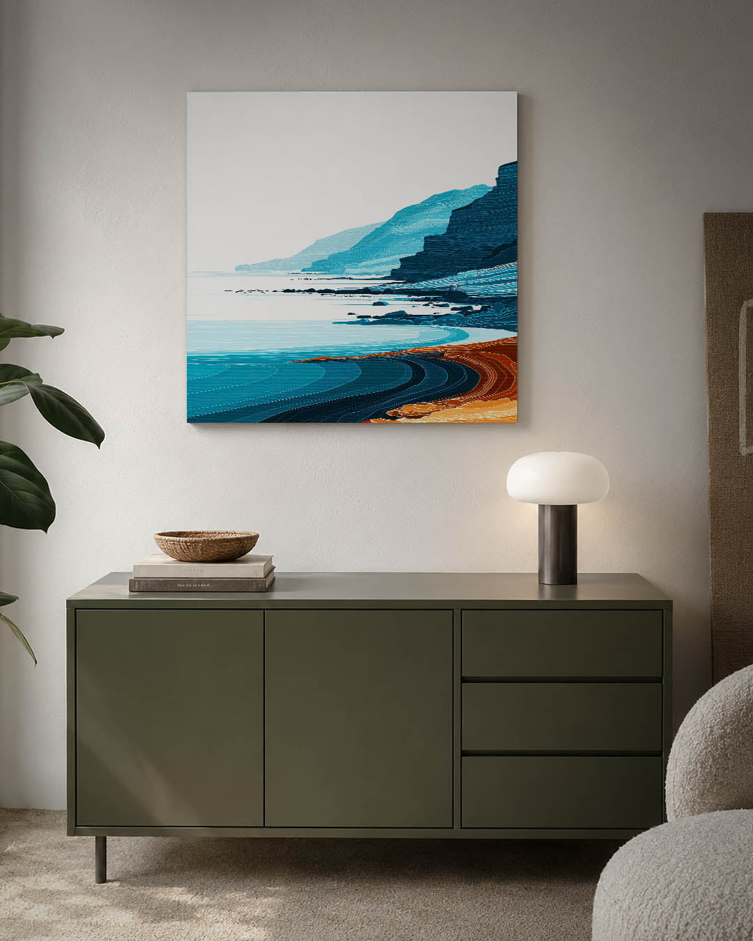 Kustlijn met kleuren kunstwerk – detailweergave – dit werk toont een kustlijn met golvende lijnen en contrasterende kleuren.