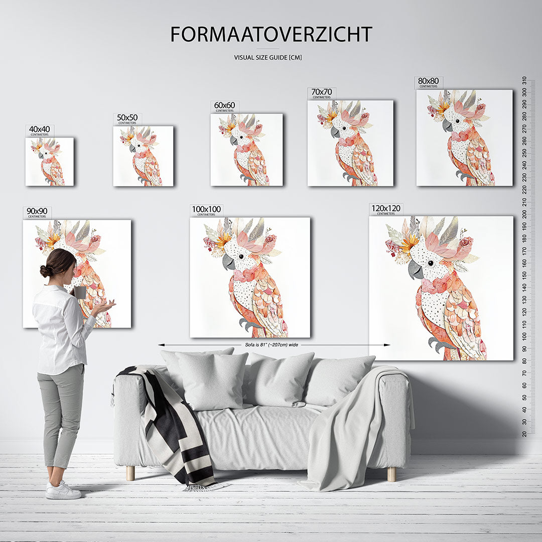 Vrolijke vogelcompositie kunstwerk – dit werk toont een kleurrijke vogel met een mix van bloemen en bladeren, met zachte