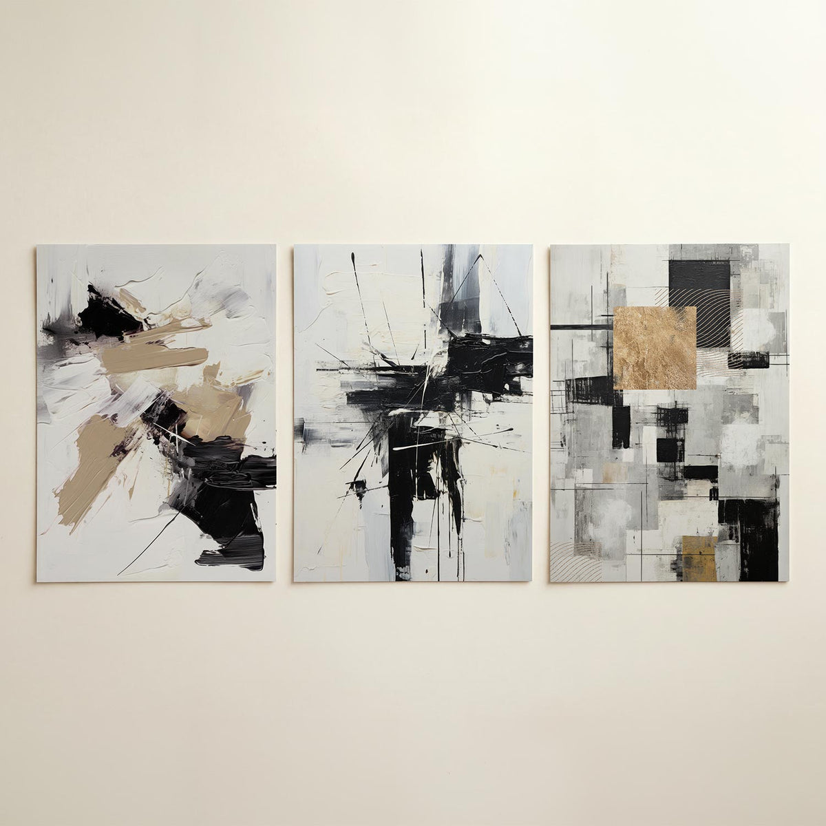 Dynamische kleurvlakken driedelige posterset in tweede interieur