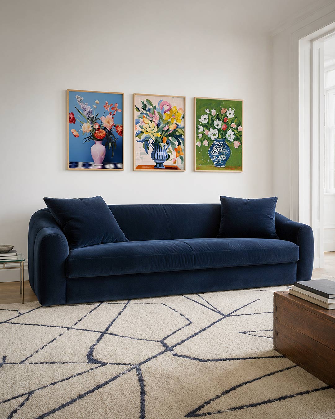 Bloemen en patronen driedelige posterset – een levendig boeket in een vaas tegen een blauwe achtergrond