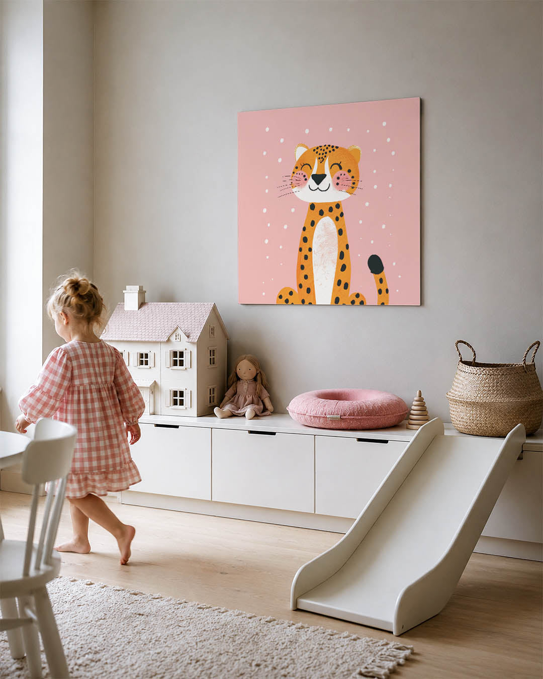 Vrolijke luipaard illustratie kunstwerk – tweede productweergave – dit werk toont een lachende luipaard met speelse stippen