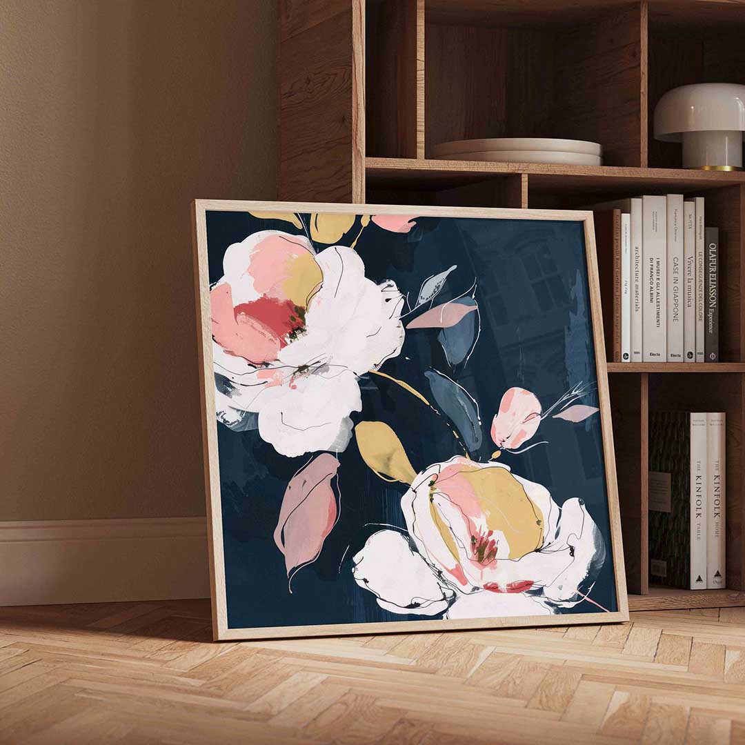 Bloemen op donkere achtergrond – geïllustreerde wandkunst als vierkante poster