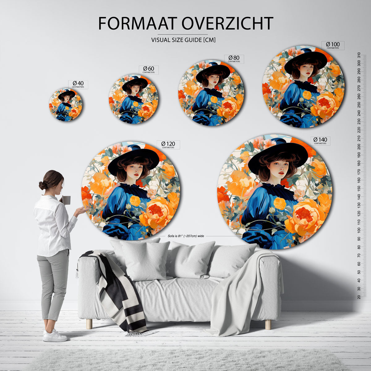Vrouw met bloemen – abstracte wandkunst met textuur als muurcirkel
