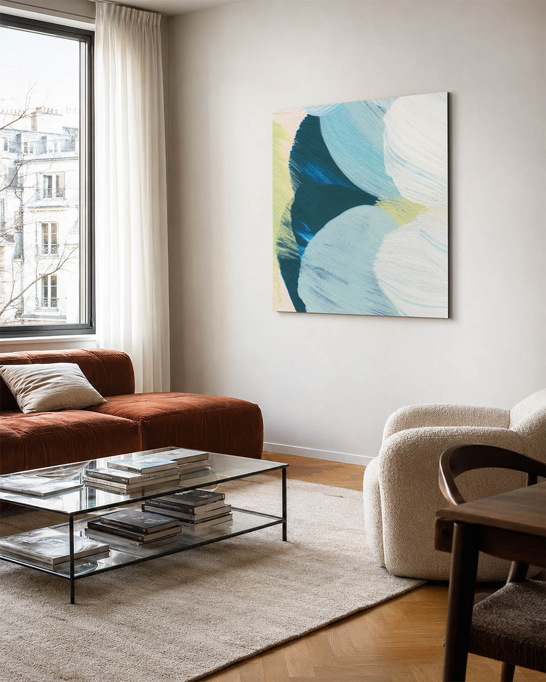 Vloeiende kleurencompositie kunstwerk – vierkante wanddecoratie – dit werk toont een dynamisch spel van vloeiende vormen in