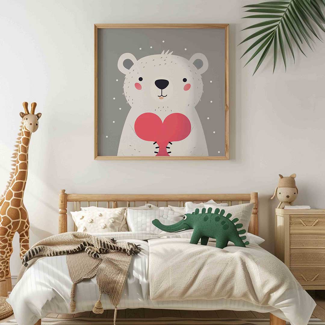 Witte beer met hart – vierkante kinderkamer wanddecoratie van WallArtistic