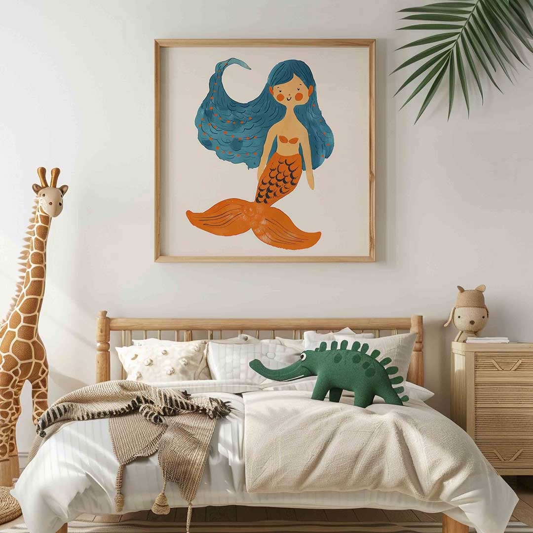 Zeemeermin met blauwe haren – vierkante kinderkamer wanddecoratie van WallArtistic