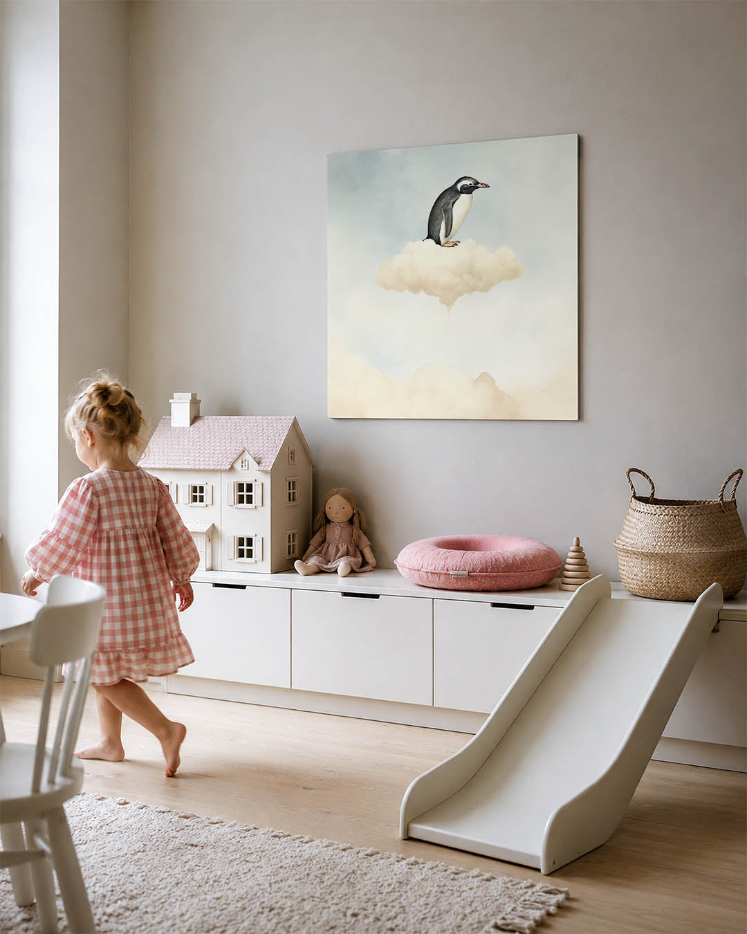 Dromerige pinguïn kunstwerk – tweede productweergave – een pinguïn zit op een zachte wolk tegen een lichte lucht. De