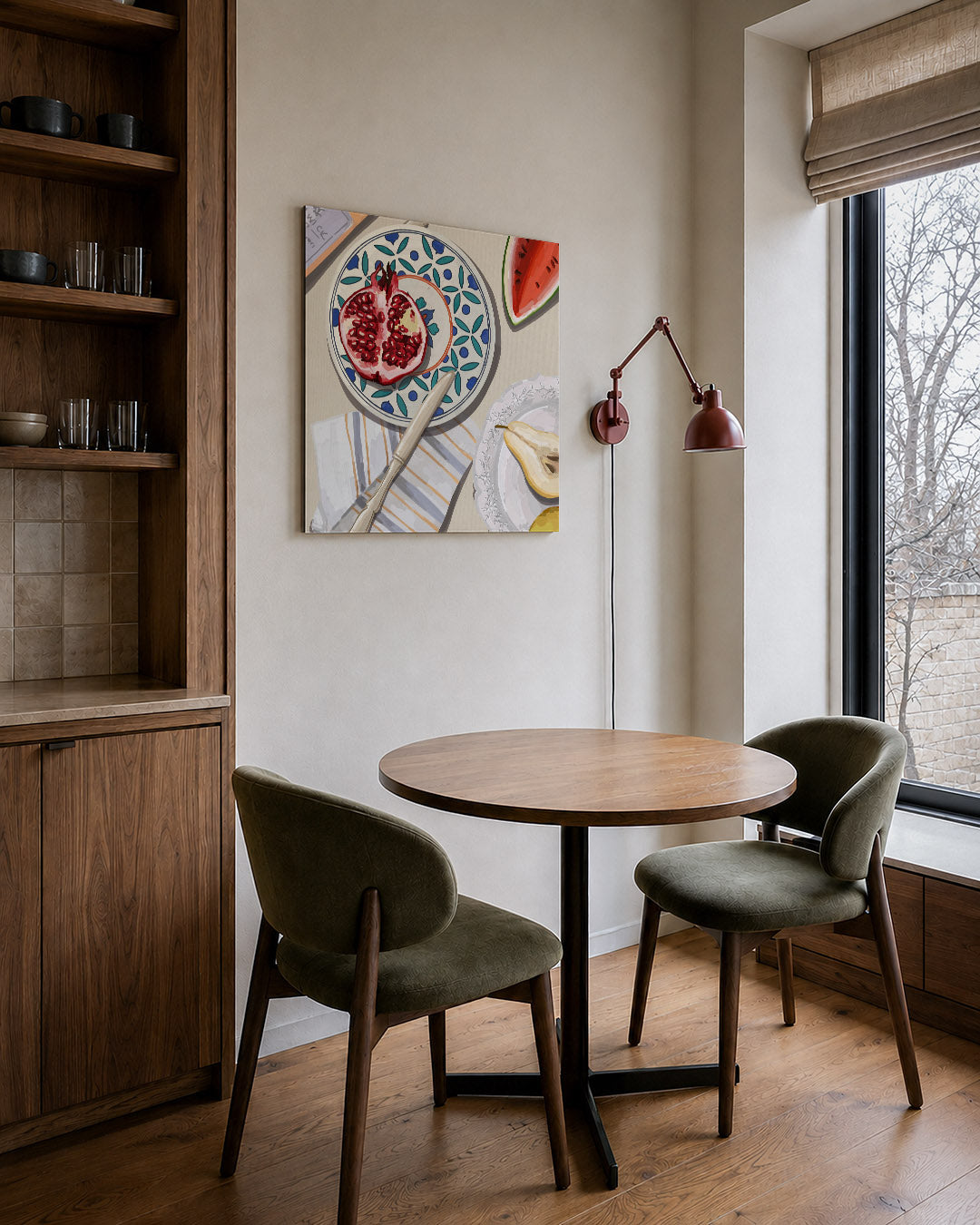Fruit en servies kunstwerk – derde productweergave – dit kunstwerk toont een kleurrijke compositie van fruit en servies. De