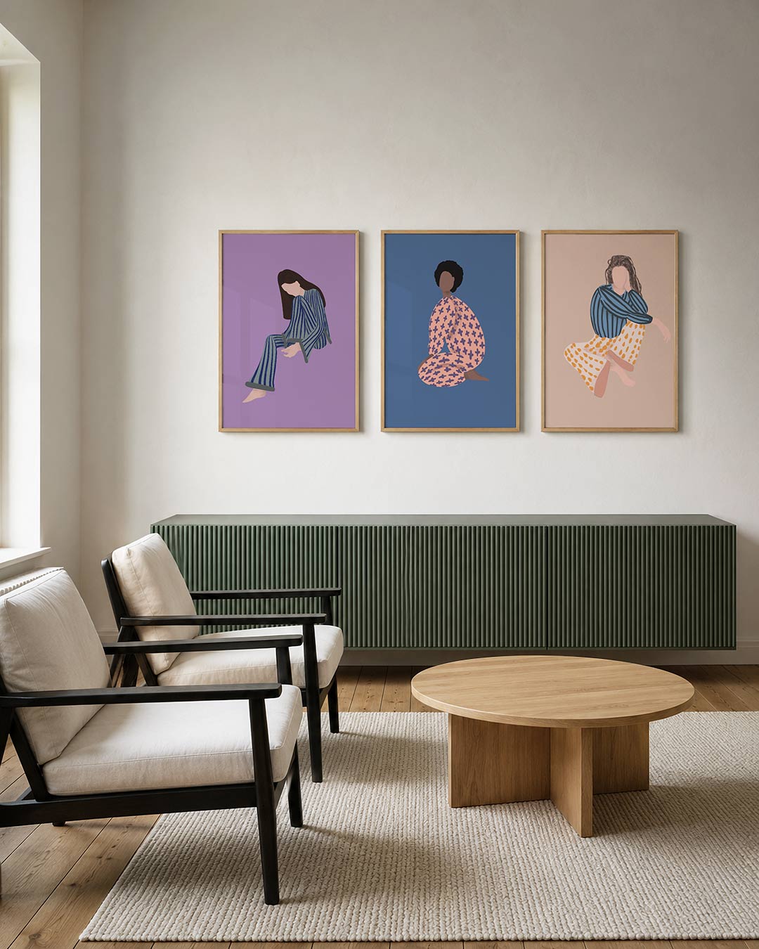Gestreepte vormen posterset – derde productweergave – een figuur in blauw gestreepte kleding tegen een lila achtergrond