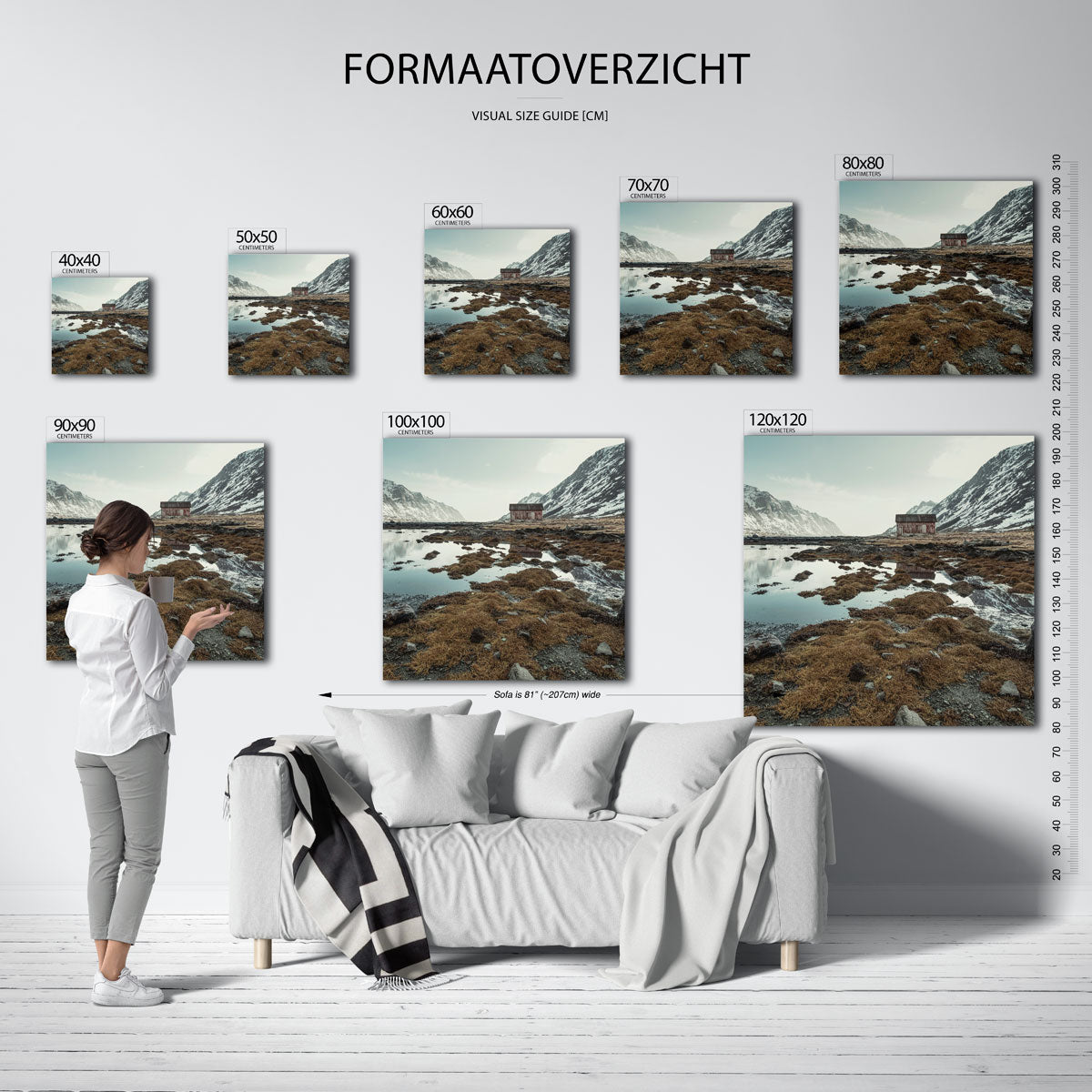Berglandschap kunstwerk – materiaalweergave – een scène met een hut omringd door bergen en water. De reflecties en