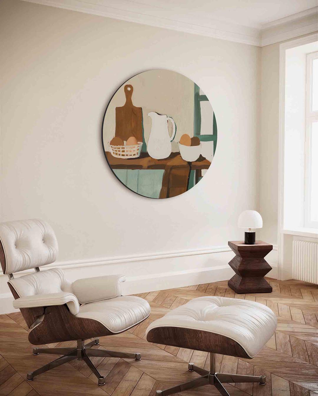 Stilleven met kan en eieren – moderne ronde wanddecoratie van WallArtistic