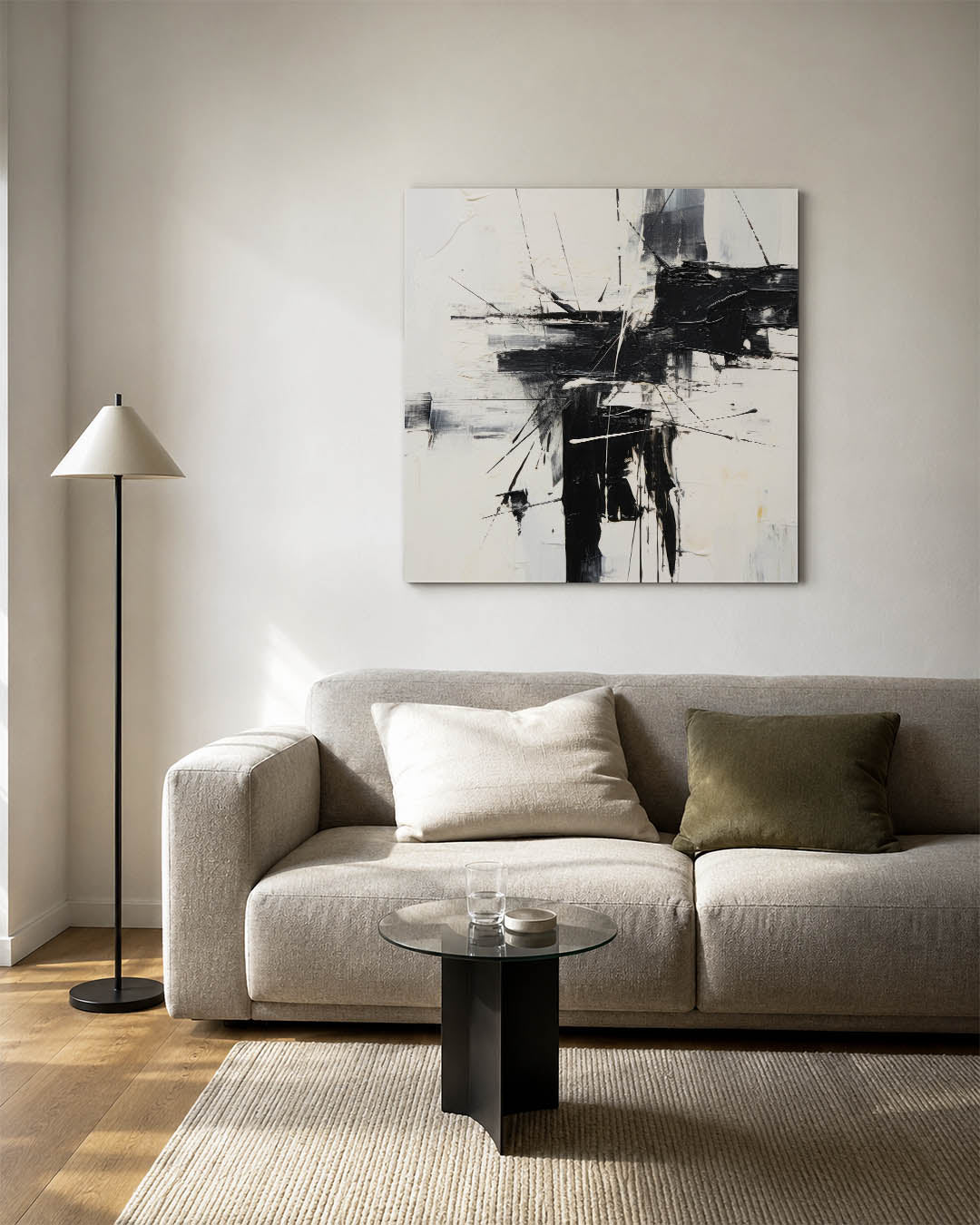 Dynamische lijnen compositie kunstwerk – vierkante wanddecoratie – dit werk toont een krachtige interactie van zwarte en