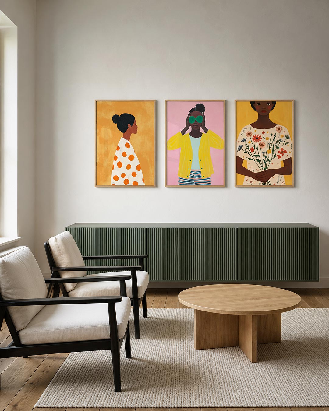 Vorm en kleur posterset – tweede productweergave – een silhouet in profiel tegen een warme, okergele
