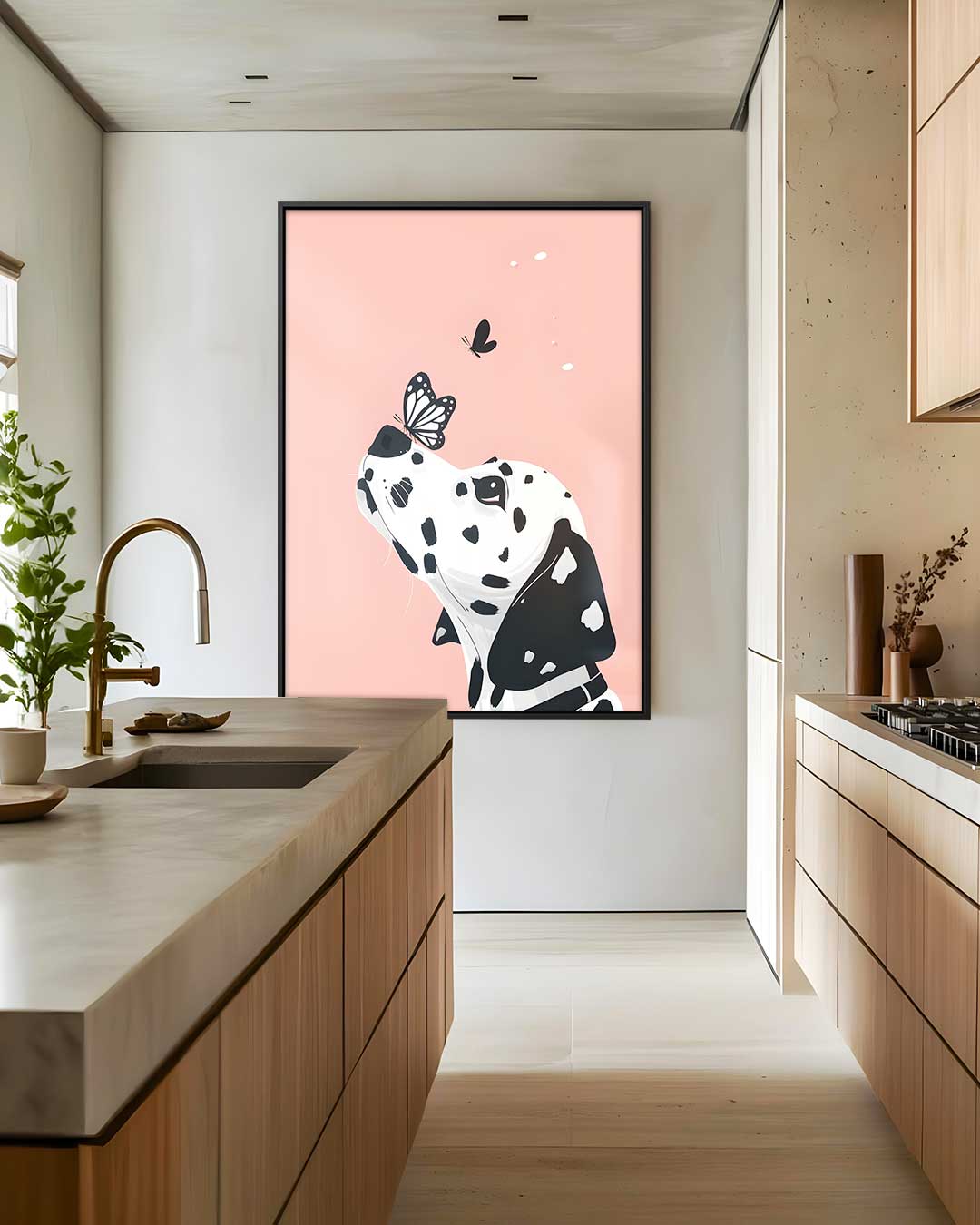 Dalmatier en Vlinder op Zachtroze – modern portret kunstwerk van WallArtistic