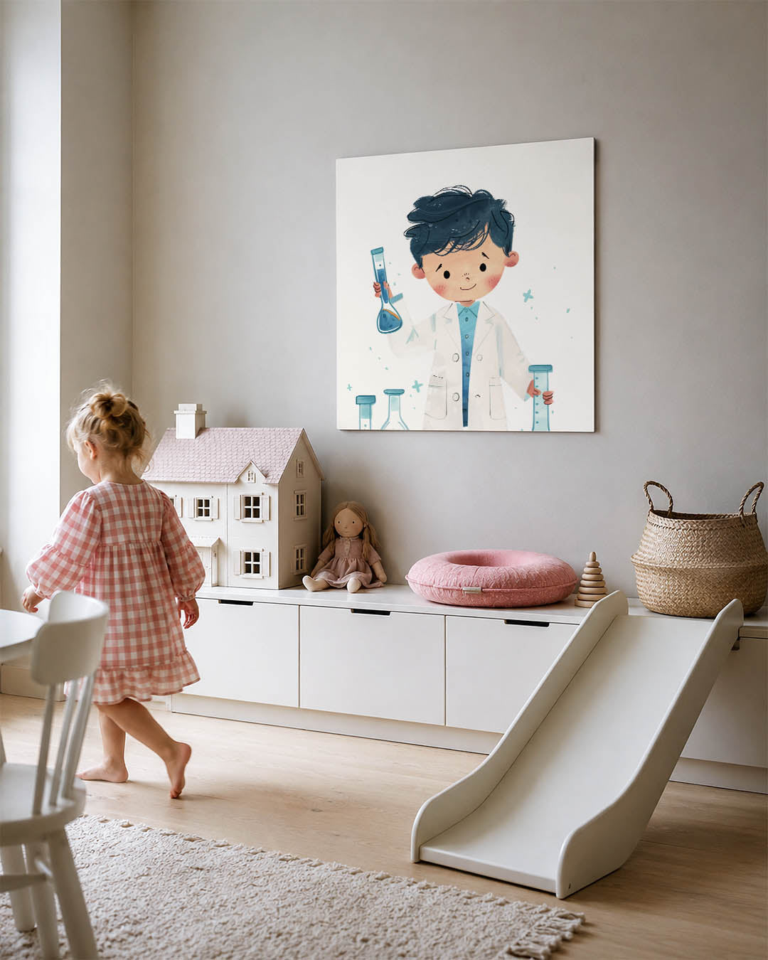 Speelse illustratie kunstwerk – tweede productweergave – een vrolijke illustratie van een kind in een witte jas met blauwe
