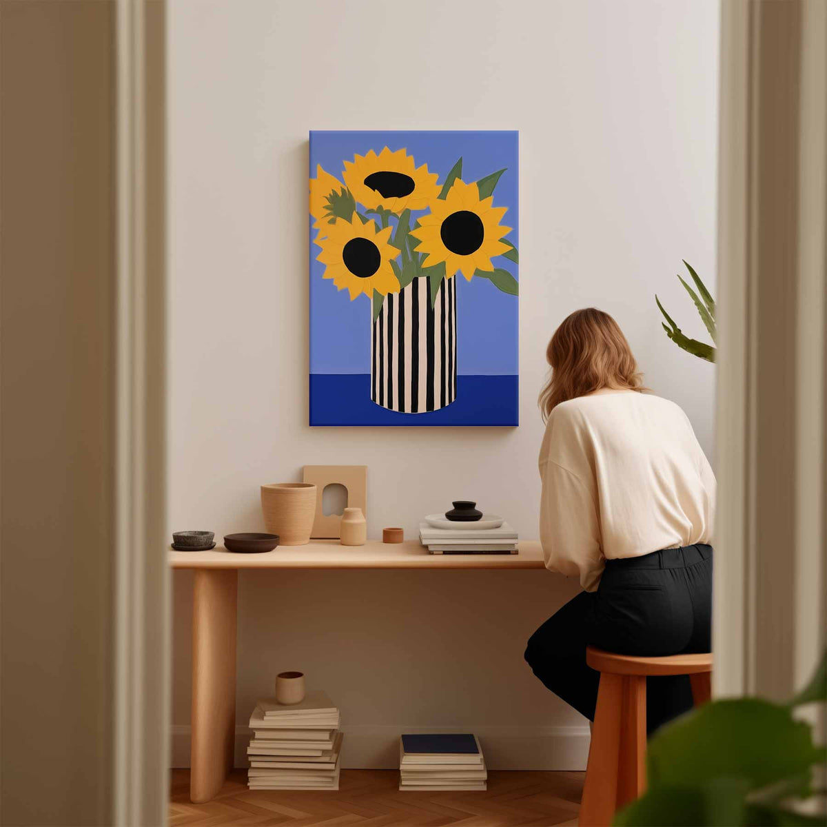 Zonnige Zonnebloemen in Streepjesvaas – plexiglas wanddecoratie in portret formaat