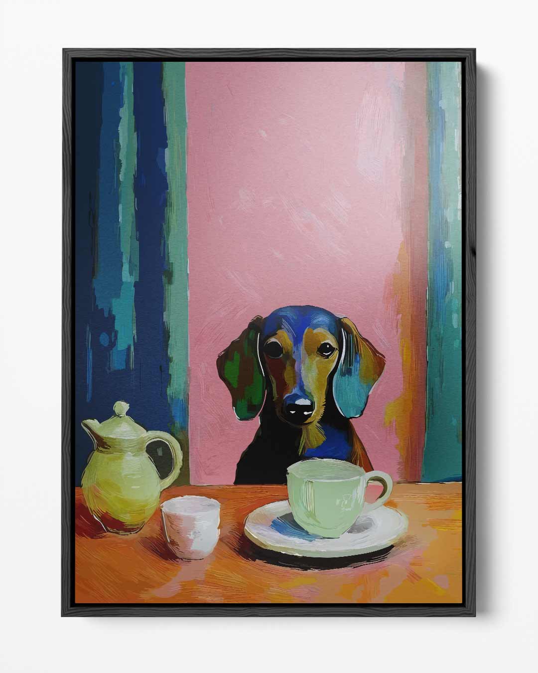 Koffiepauze met Teckel – portret kunstwerk als wanddecoratie