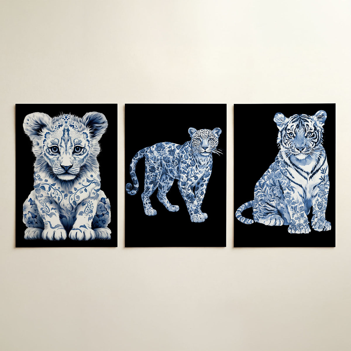 Dierenpatroon harmonie driedelige posterset in interieur