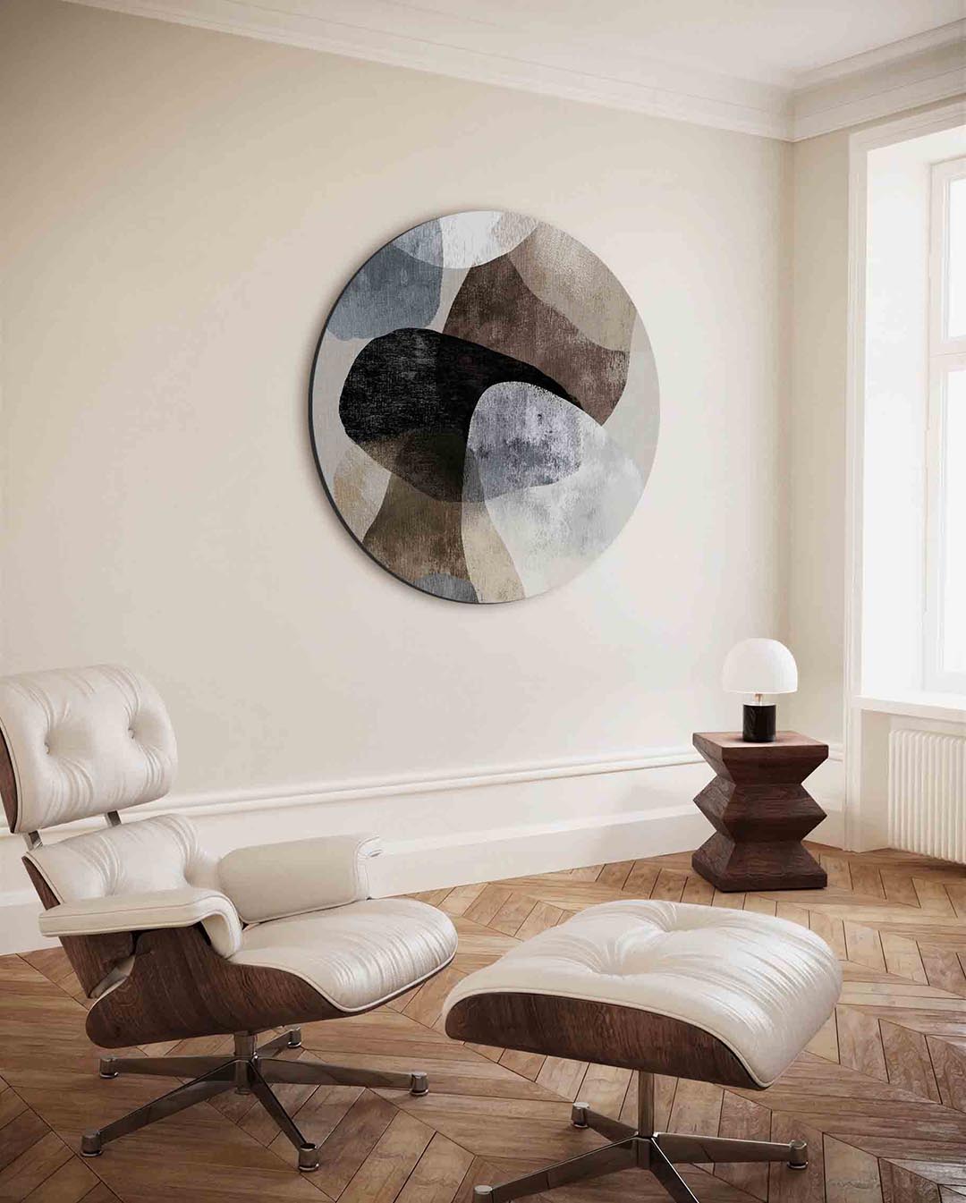 Abstracte vormen – moderne ronde wanddecoratie met vrouwelijk portret