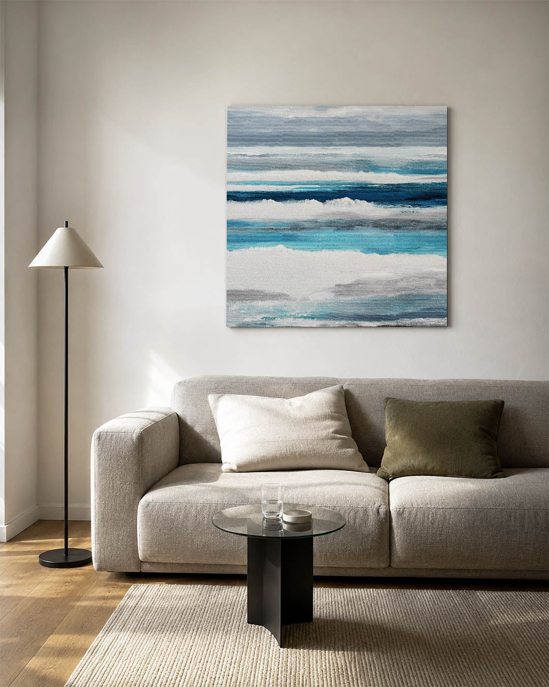 Horizontale kleurenlagen kunstwerk – vierkante wanddecoratie – dit werk toont horizontale lagen in verschillende tinten blauw