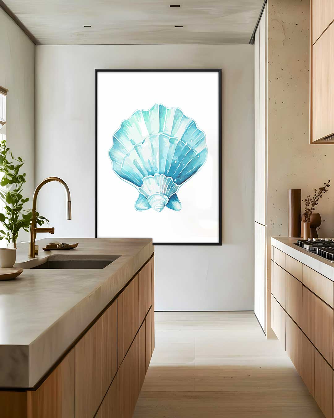 Zeeschelp Aquarelprint – staand kunstwerk voor modern interieur