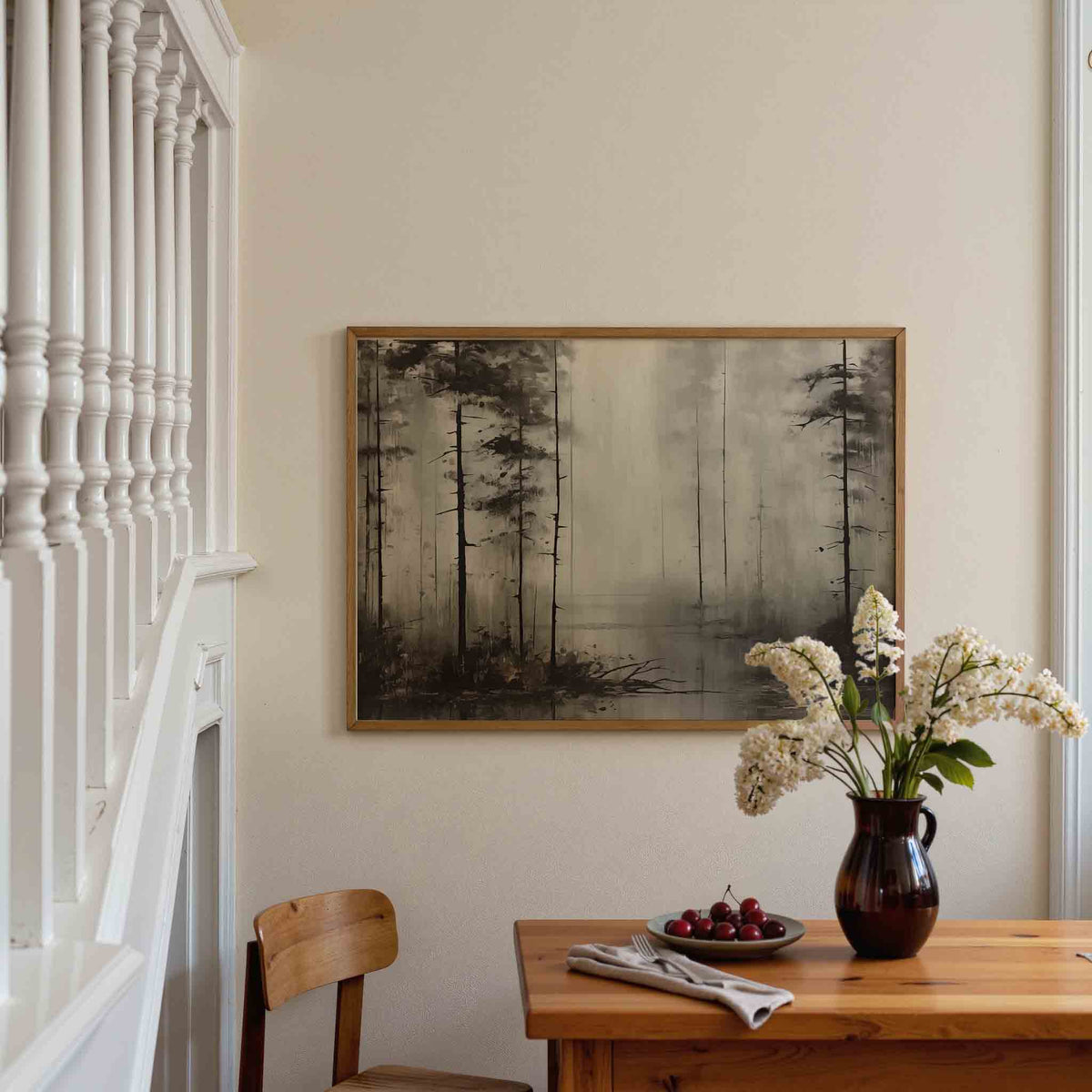 Bomen in mist – liggende illustratie poster als wanddecoratie