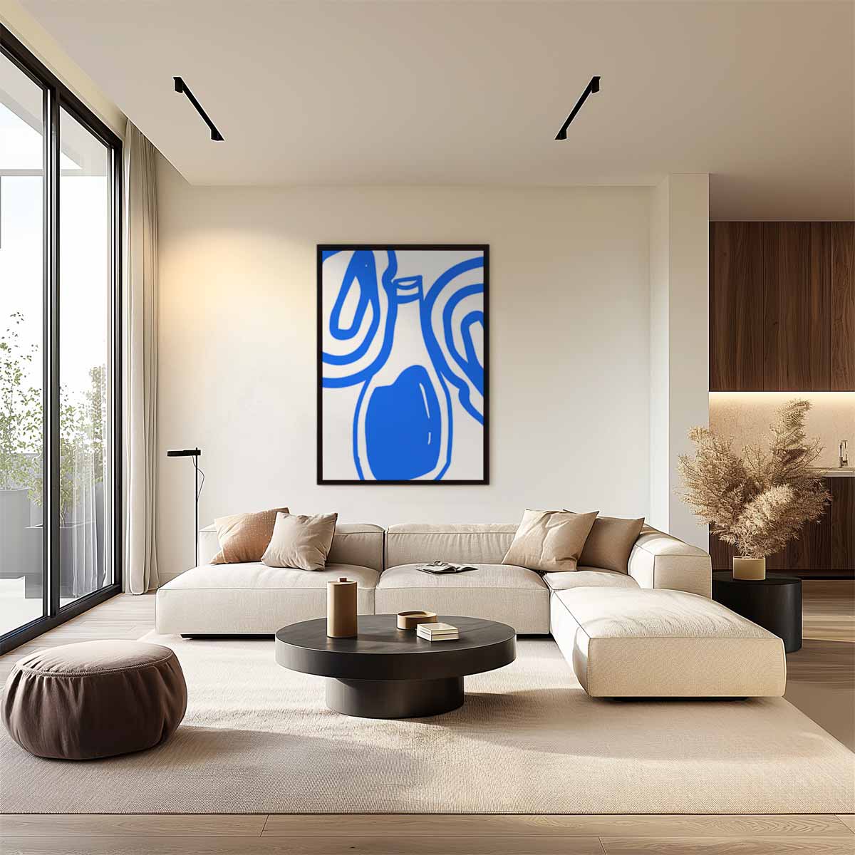 Stijlvolle Blauwe Abstractie – kunstwerk met zwarte baklijst