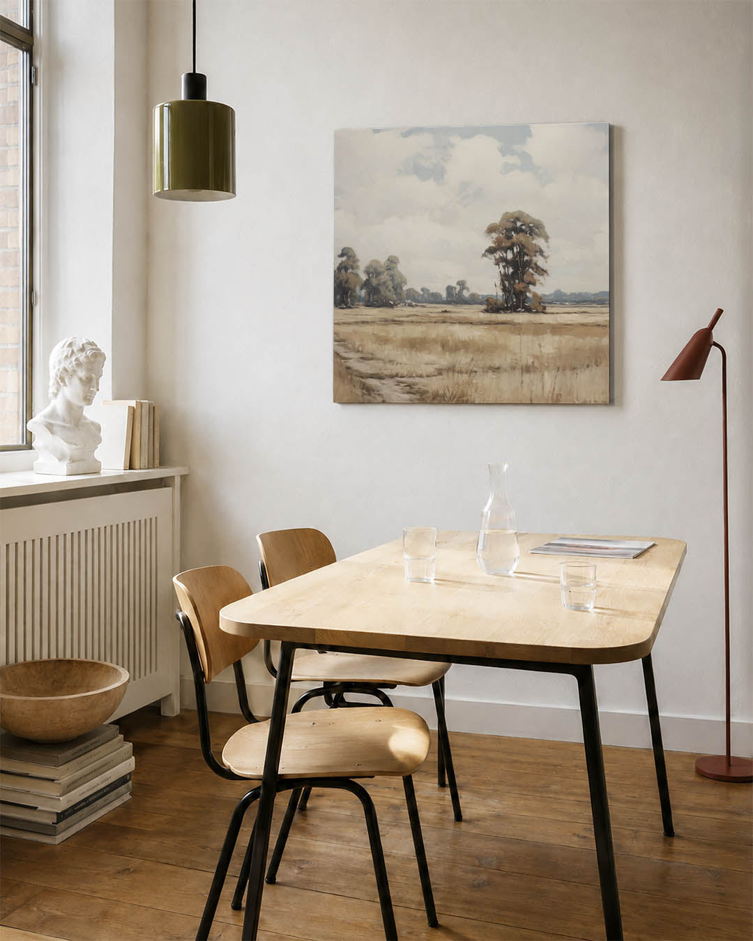 Rustige landschap weergave kunstwerk – detailweergave – dit werk toont een uitgestrekt veld met verspreide bomen onder een