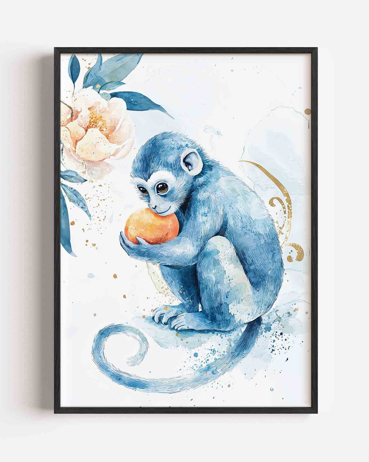 Blauwe aap met sinaasappel – dieren portret poster als wanddecoratie