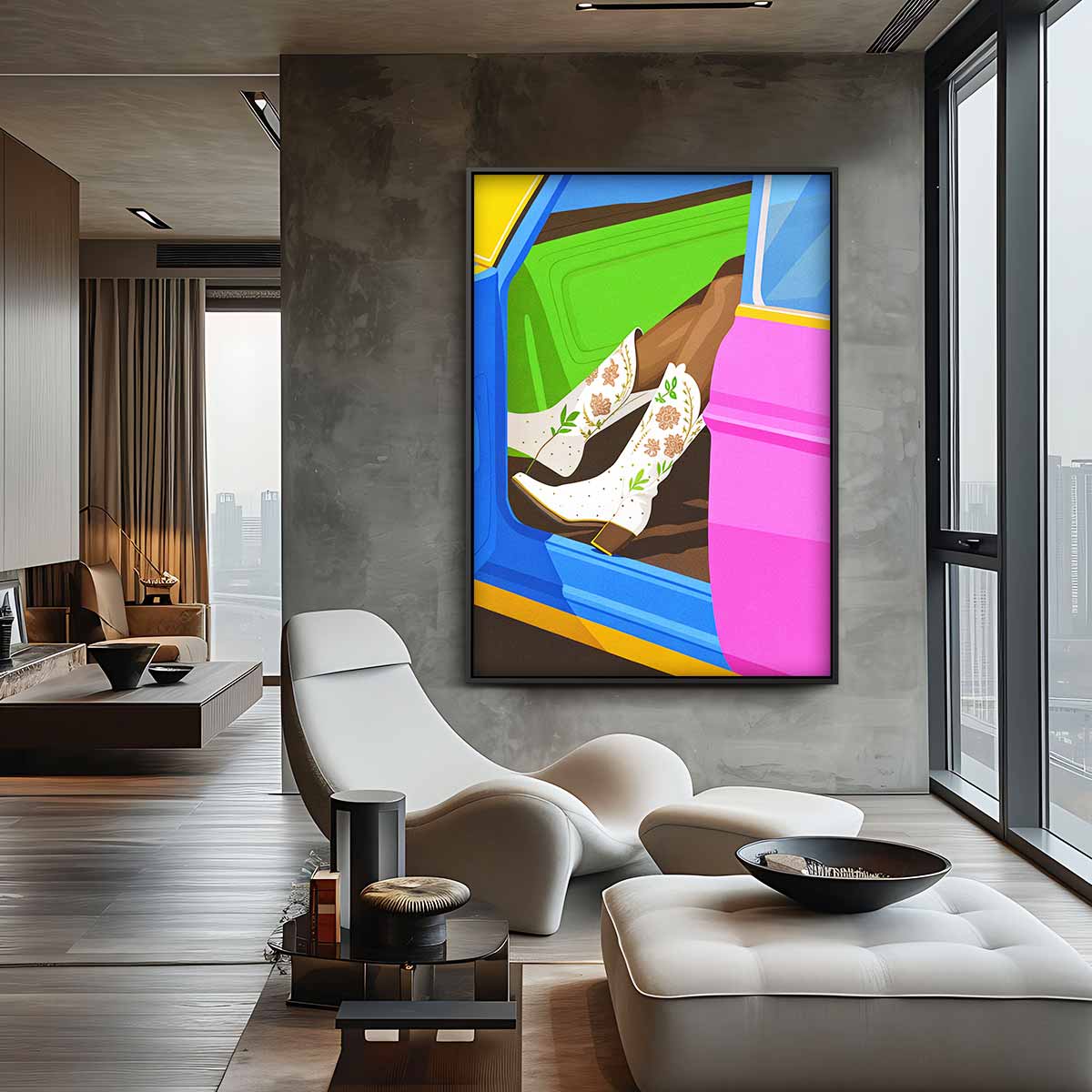 Kleurrijke Cowboylaarzen in Stijlvolle Auto – staand kunstwerk voor modern interieur