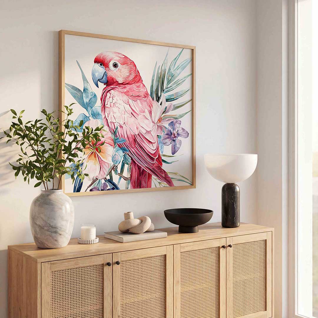 Papegaai en bloemen – dierenillustratie als vierkante poster
