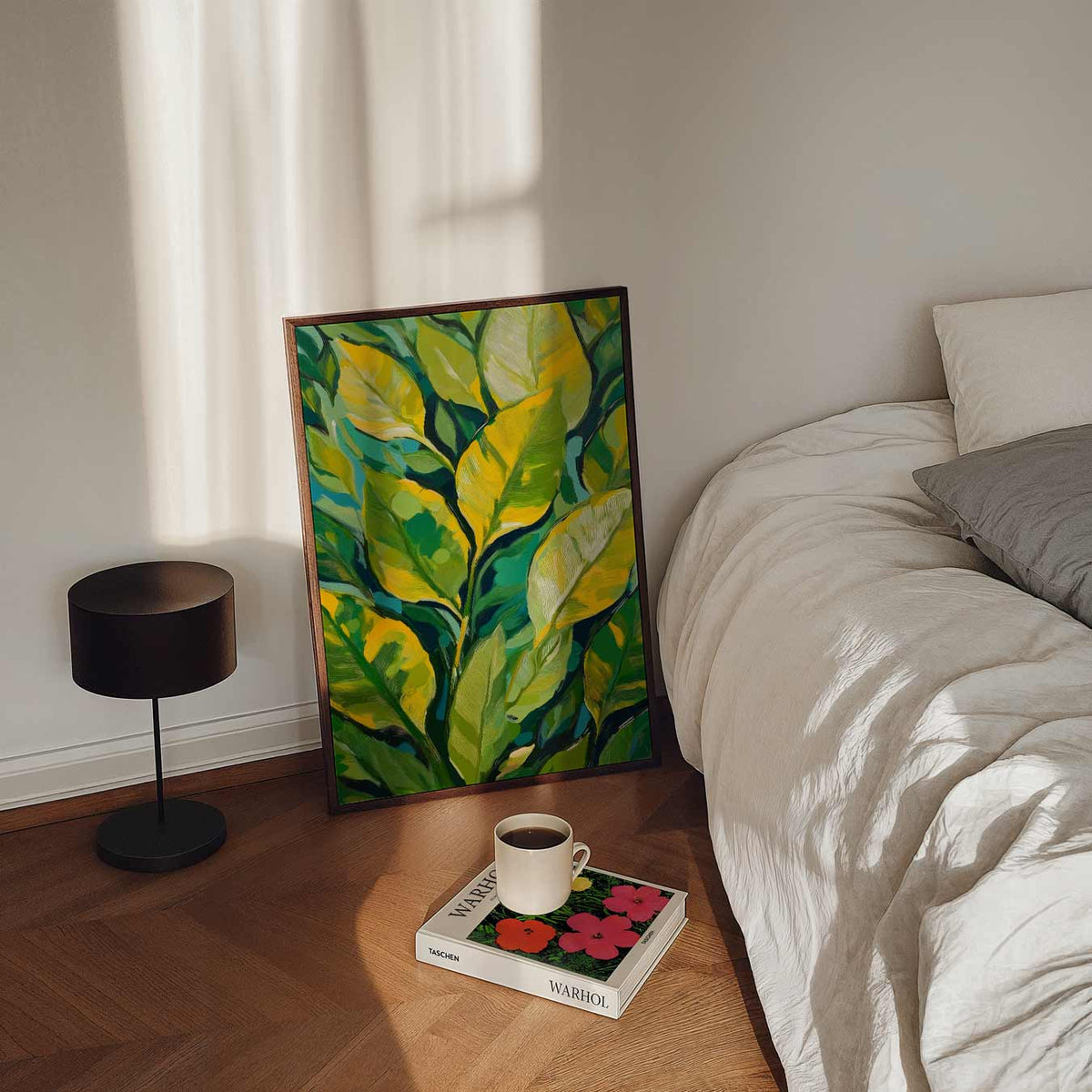 Groene Blaadjes Kunstposter – staande bloemen wanddecoratie van WallArtistic