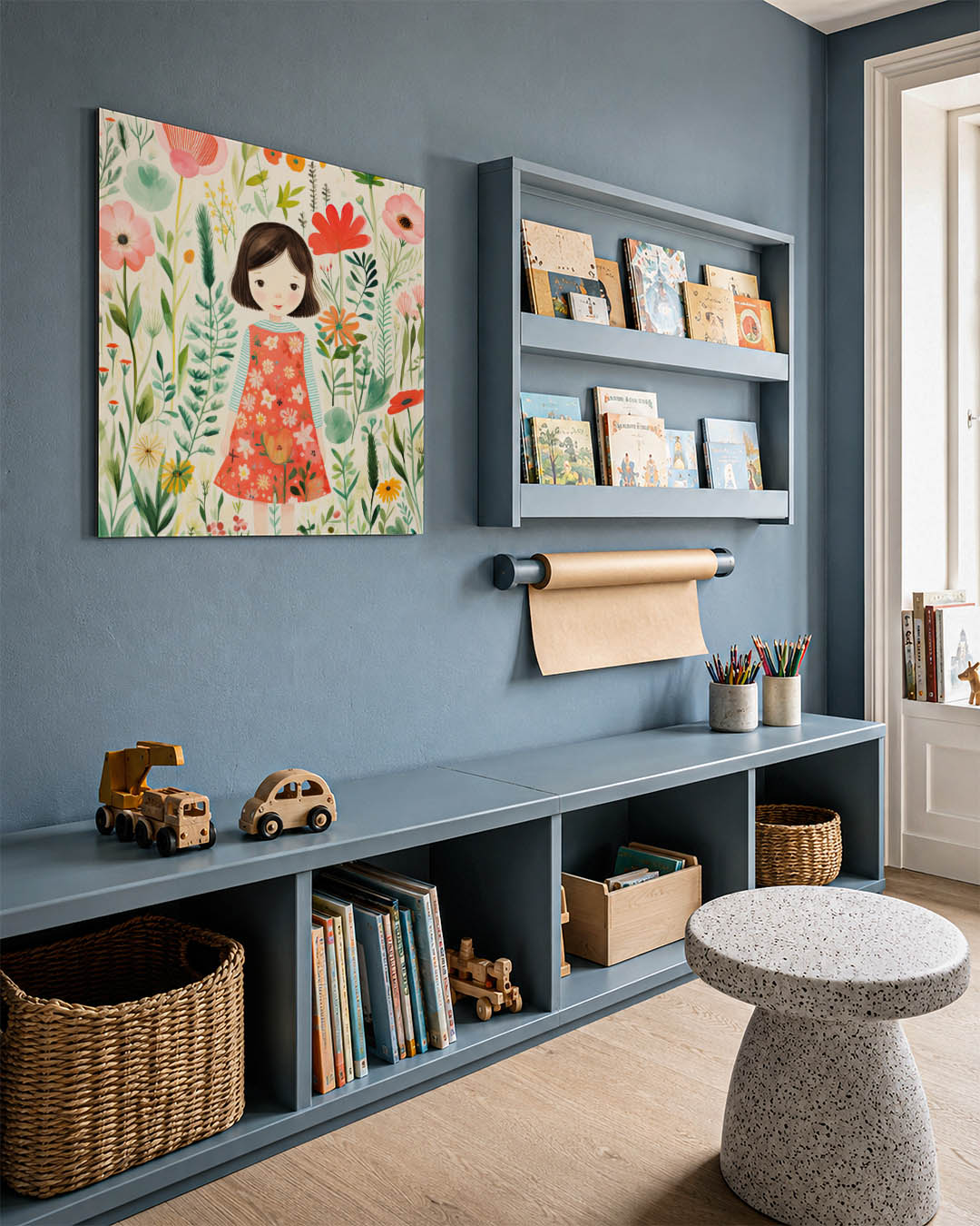 Illustratie kunstwerk – detailweergave – dit werk toont een meisje in een kleurrijke bloemenzee. De levendige kleuren en