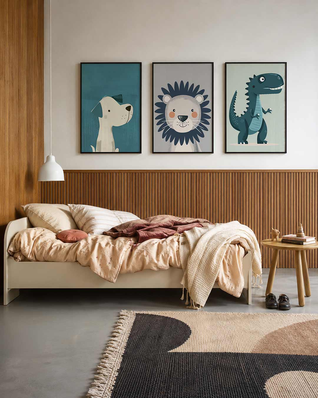 Hond in blauw driedelige posterset – een speelse hond tegen een zachte blauwe achtergrond