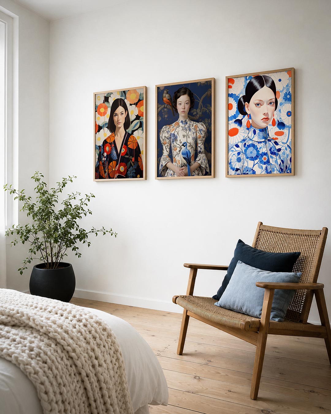 Bloemrijke harmonie posterset – derde productweergave – een vrouw in een kleurrijke kimono met levendige bloemen