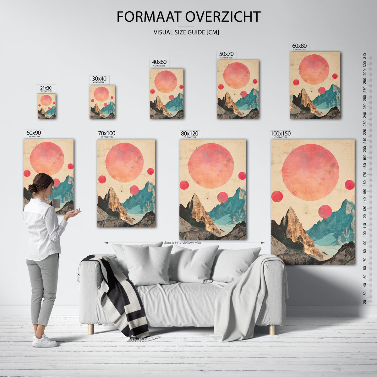Bergen en cirkels – staande muurposter met surrealistische uitstraling