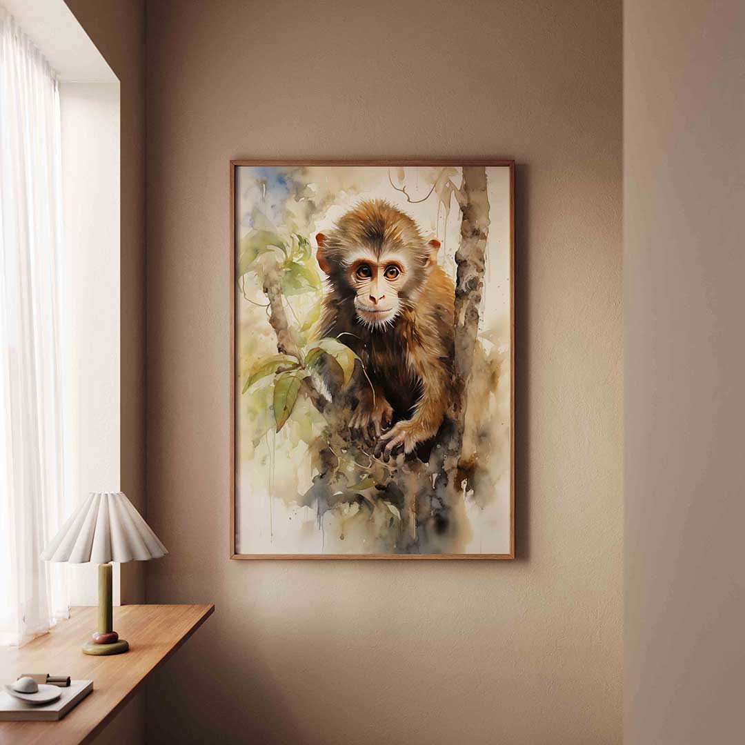Jonge aap in boom – staande jungle wanddecoratie van WallArtistic