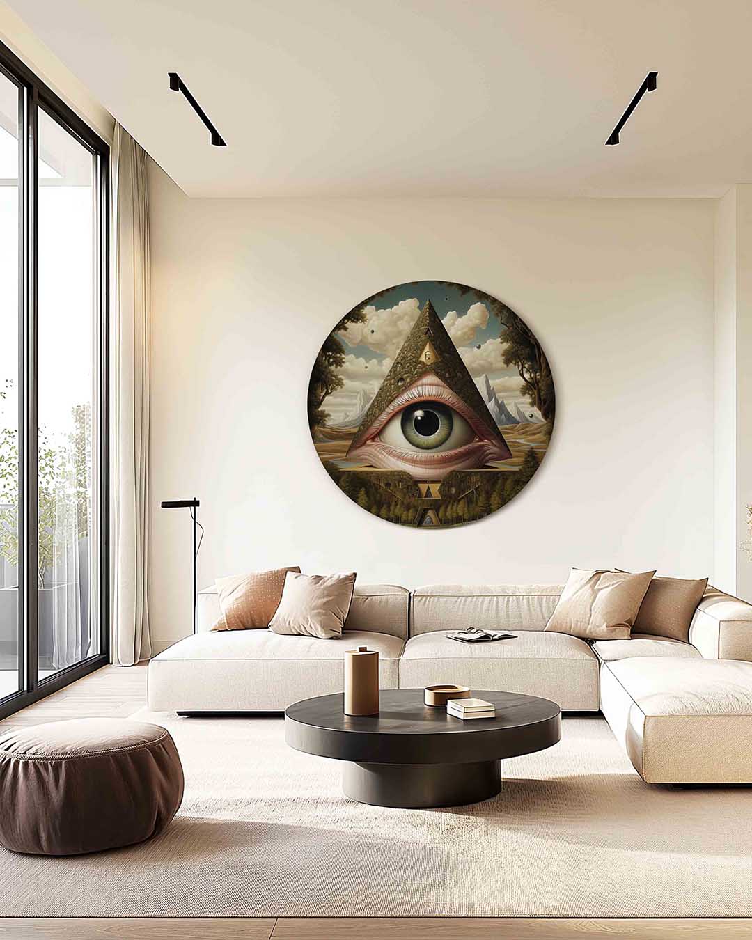 Oog en piramide – kleurrijke illustratie muurcirkel als wanddecoratie