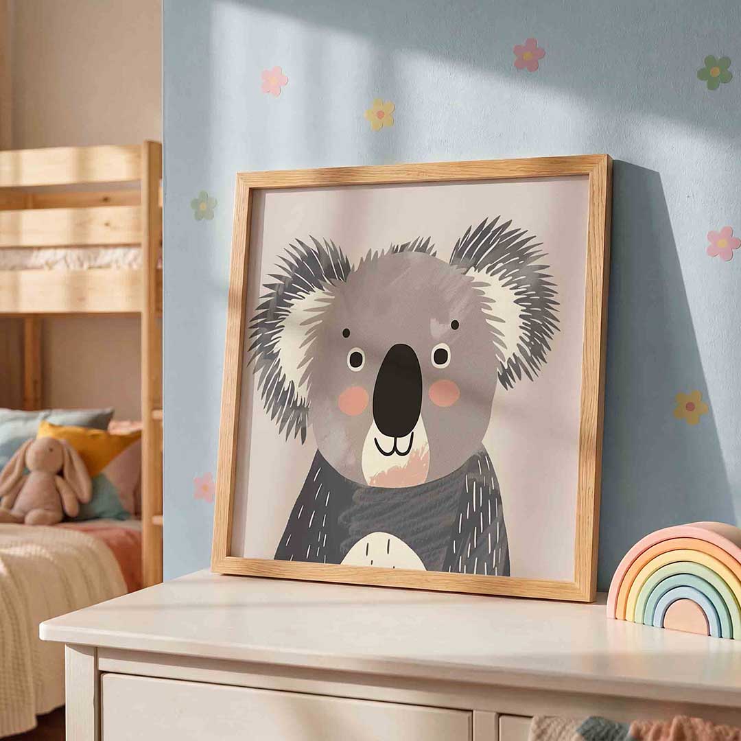 Koala illustratie – speelse wandkunst als vierkante kinderposter