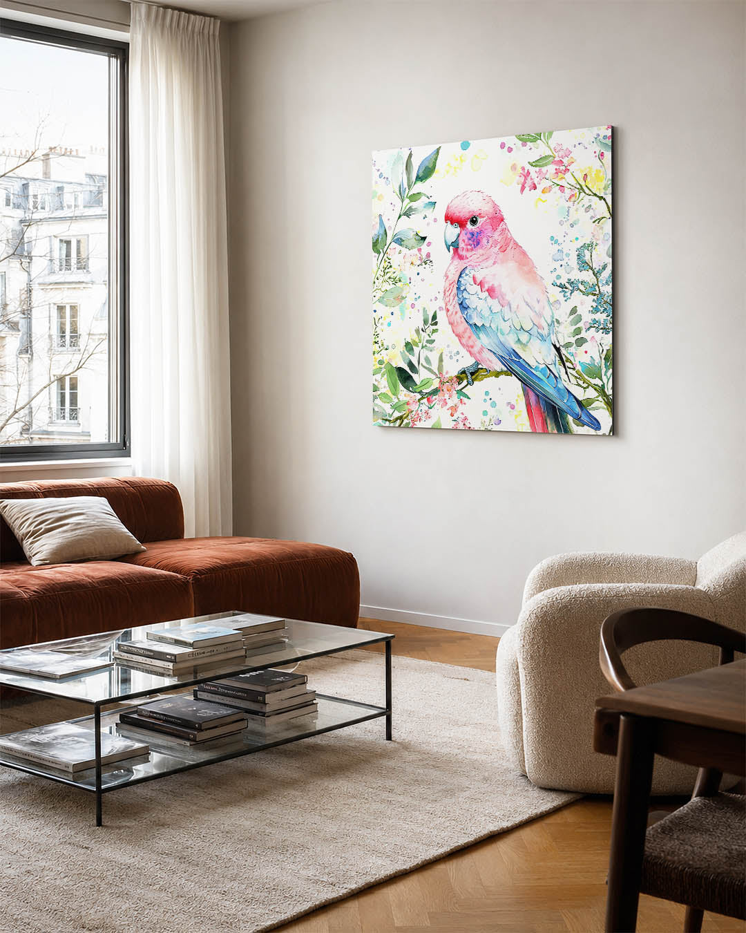 Vrolijke vogel illustratie kunstwerk – vierkante wanddecoratie – dit werk toont een kleurrijke vogel omringd door bladeren en