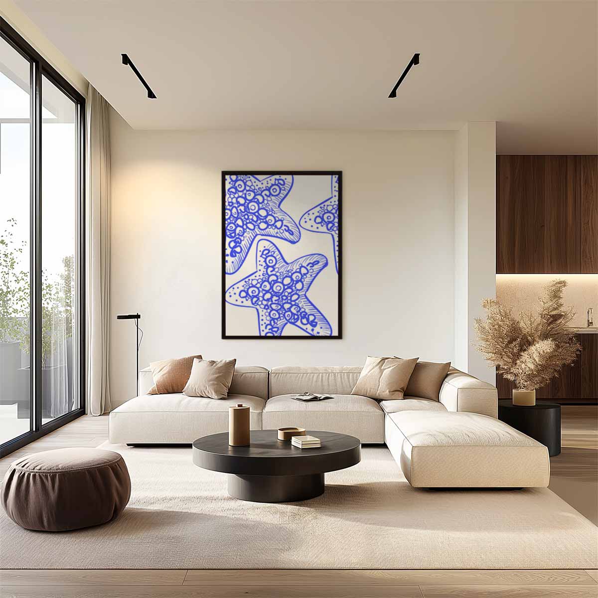Zeesterren in Blauw – plexiglas wanddecoratie in portret formaat