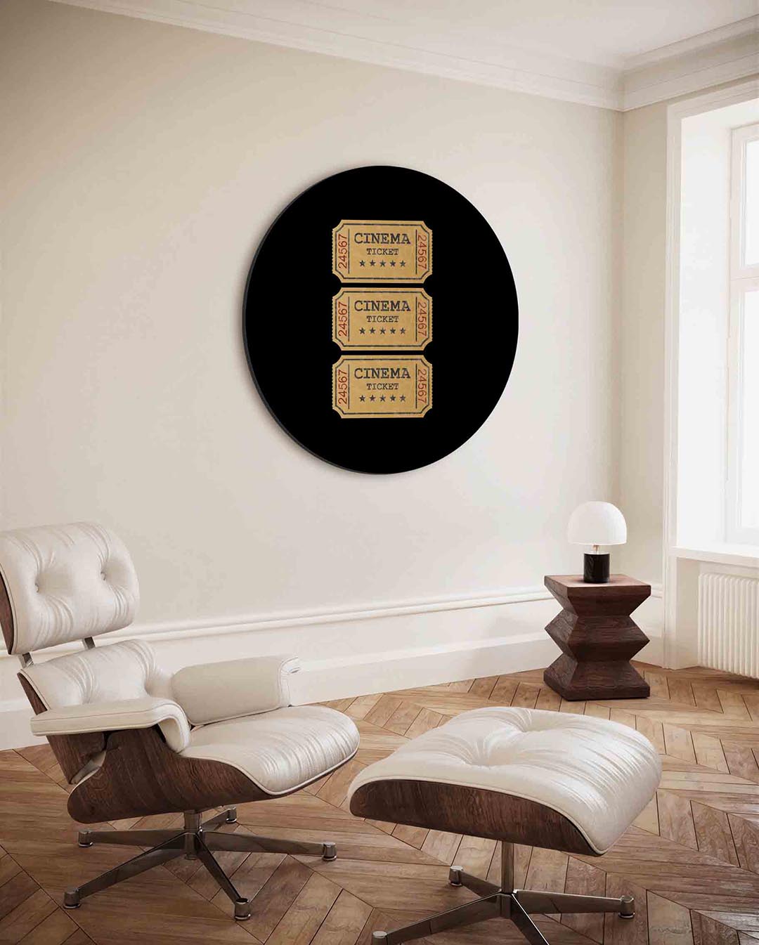 Bioscoopkaartjes – ronde Pop Art wanddecoratie van WallArtistic