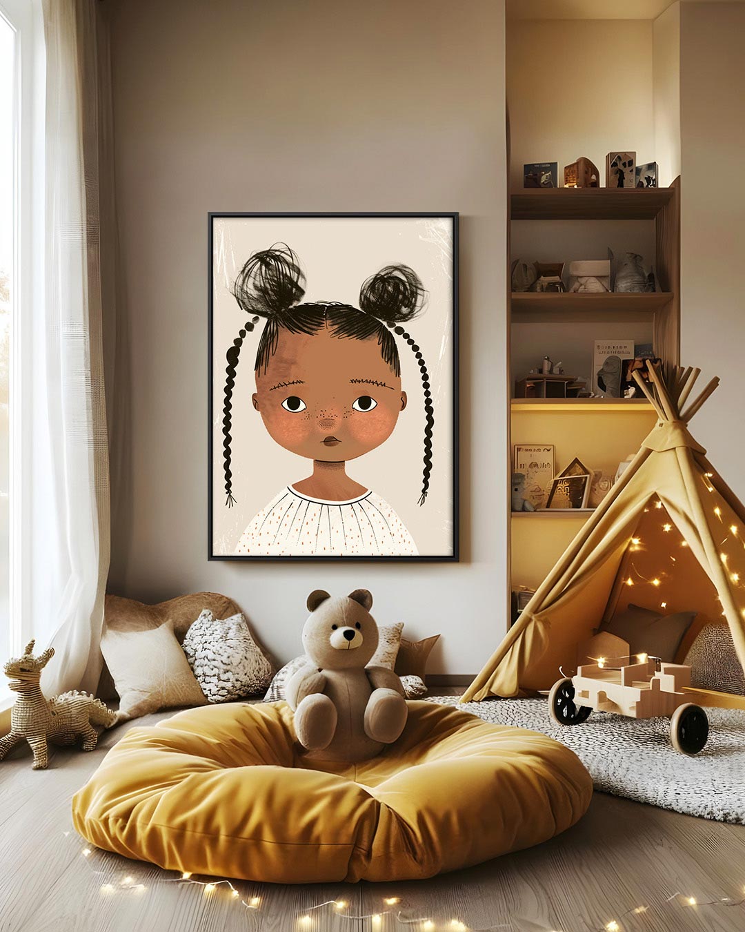 Kinderportret met vlechten – decoratief kunstwerk voor aan de muur