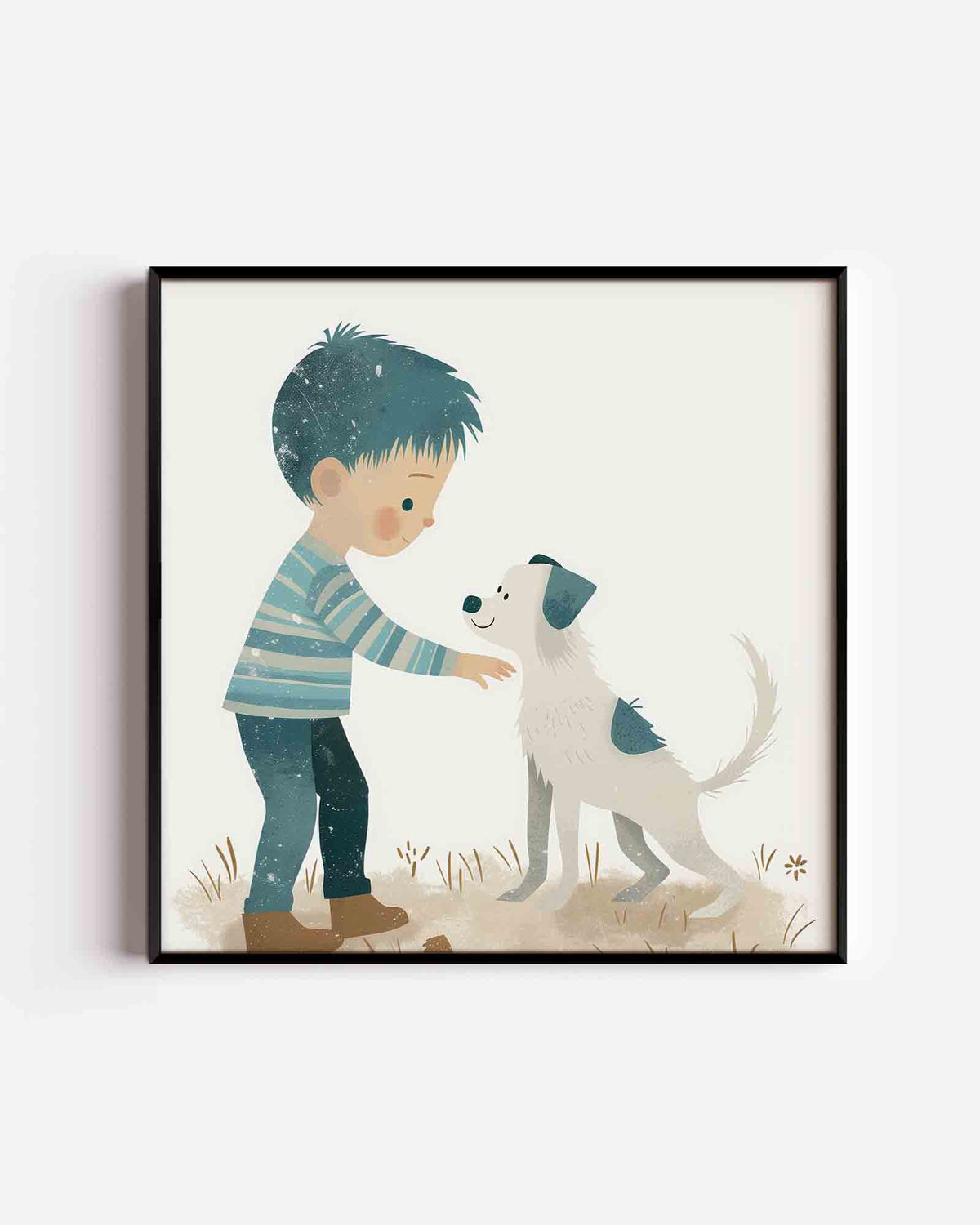 Jongen met hond – vierkante kinderposter als wanddecoratie