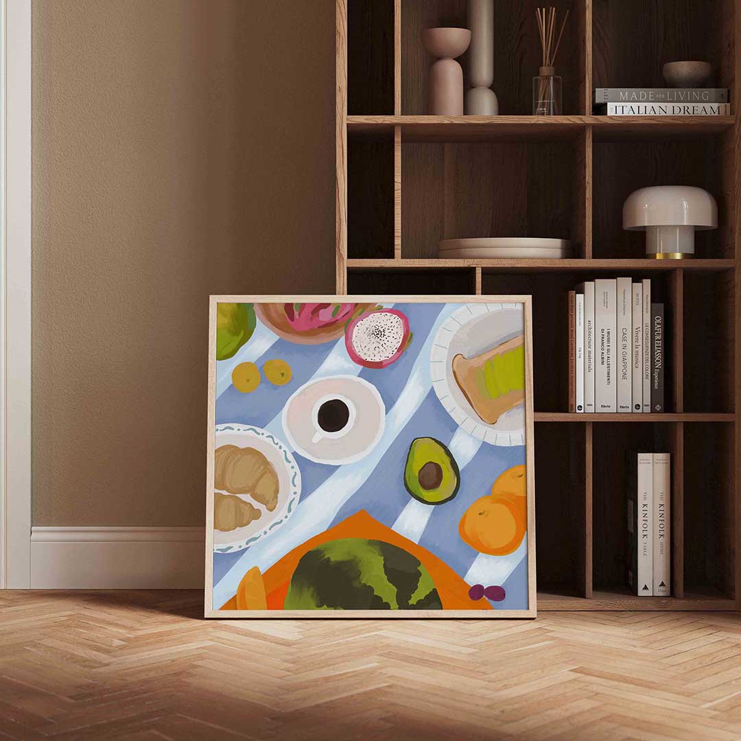 Ontbijt met fruit en koffie – kleurrijke vierkante wanddecoratie van WallArtistic