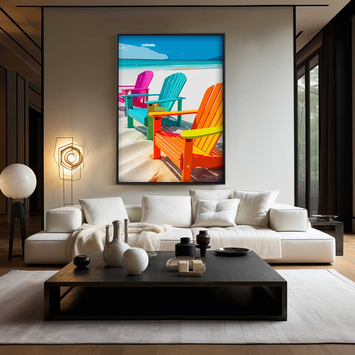 Kleurrijke Strandstoelen aan Zee – staand kunstwerk voor modern interieur