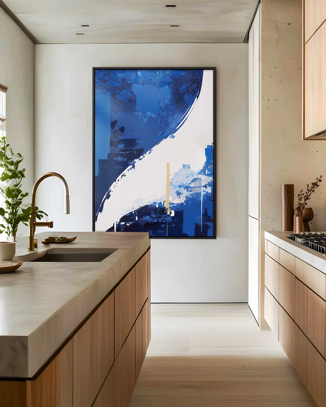Expressieve Blauwe Abstractie – dibond wanddecoratie in staand formaat