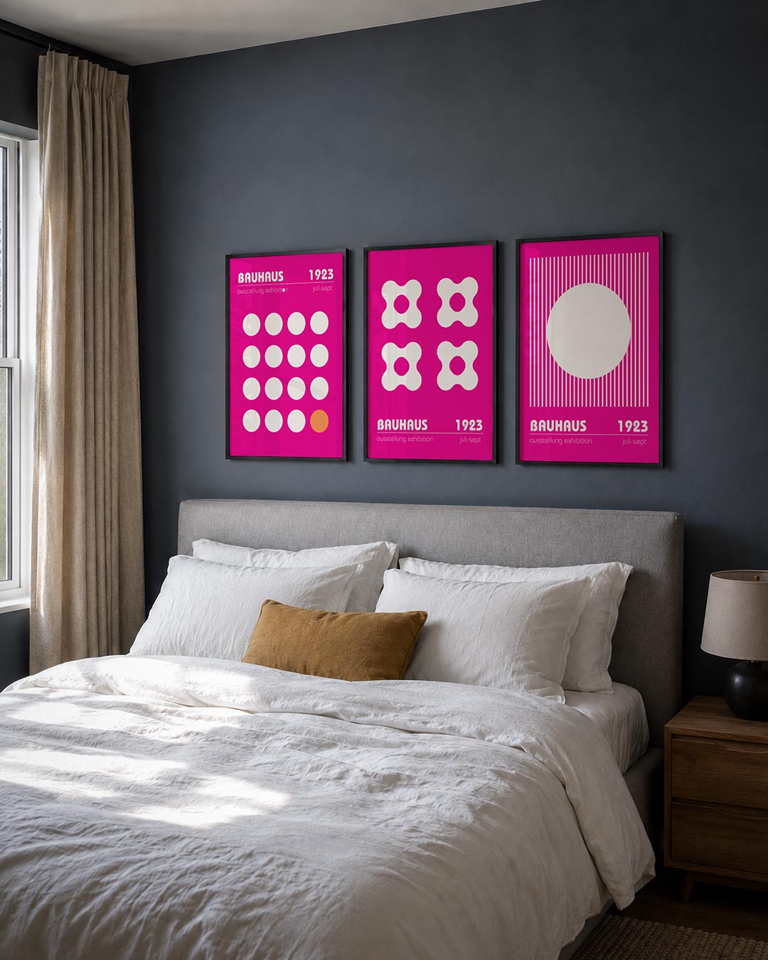 Cirkelpatroon en kleur posterset – detailweergave – deze posterset in drie delen toont een levendig spel van witte cirkels op