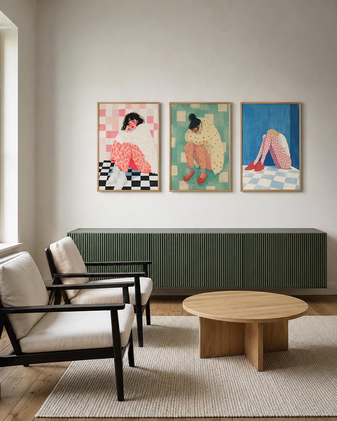 Kleurvlakken en patronen posterset – tweede productweergave – een vrouw in een witte jas zit op een zwart-wit geblokte